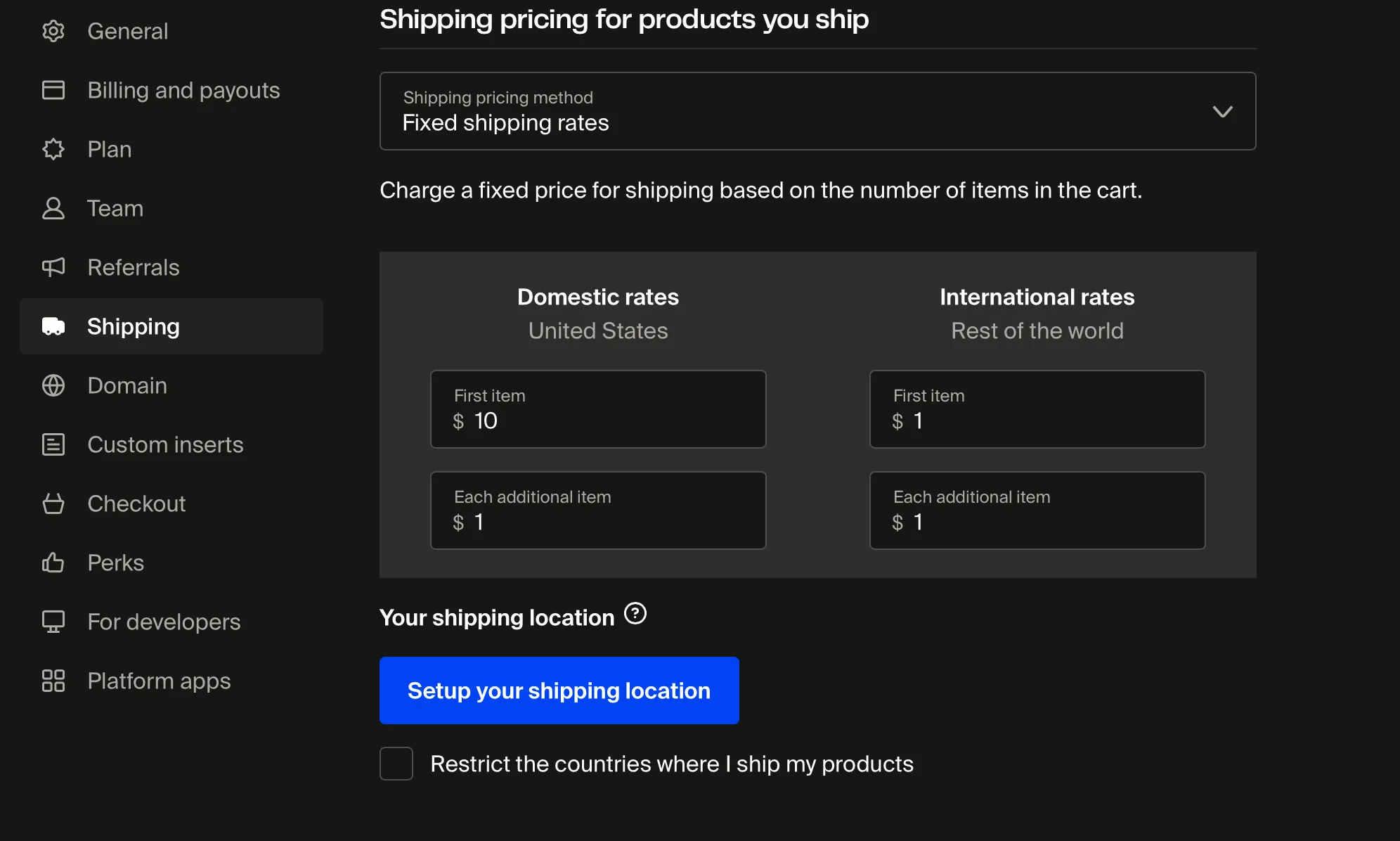 Settings > Shipping page showing the "Restrict the countries where I ship my products" checkbox in its unchecked state, before shipping groups are enabled