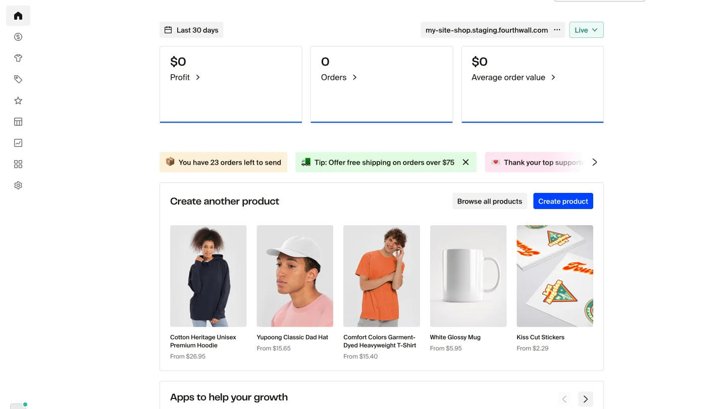 Fourthwall seller dashboard displaying $0 profit, 0 orders, and $0 average order value over the last 30 days, with product creation options and shop notifications below.
