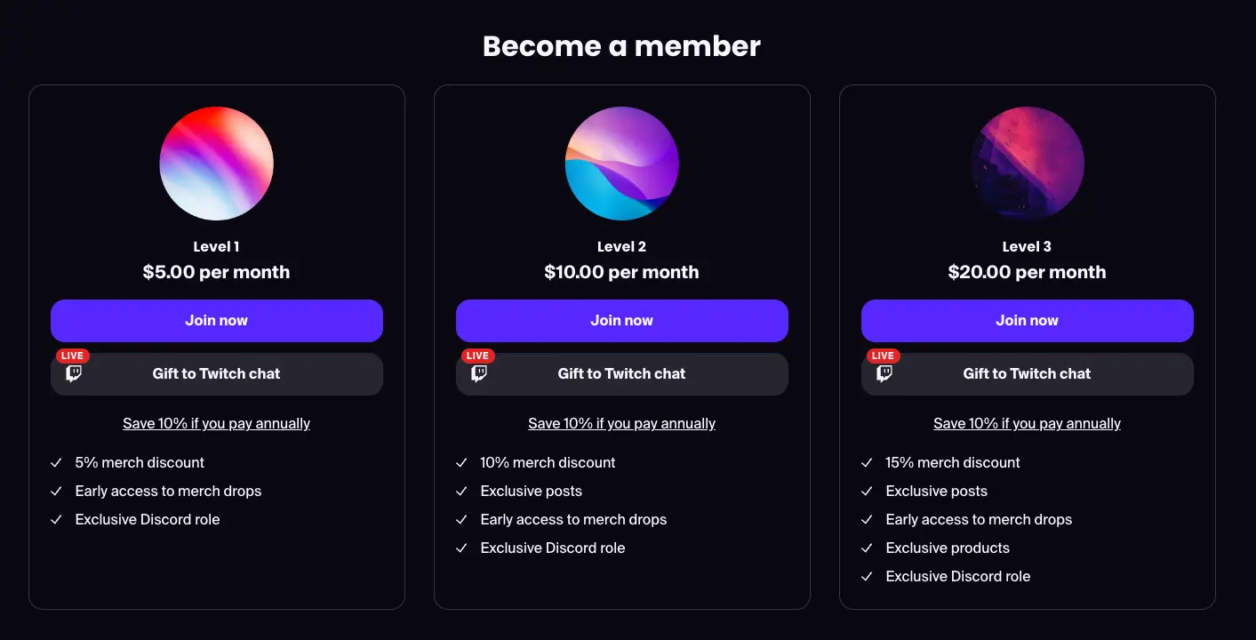 Three membership tiers with Join now and Gift to Twitch chat buttons, pricing, and perk lists