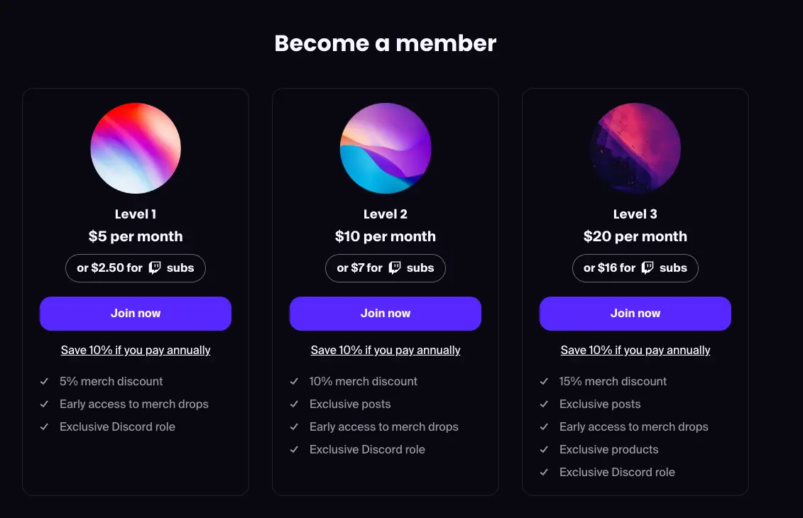 Membership tiers showing discounted prices for Twitch subscribers