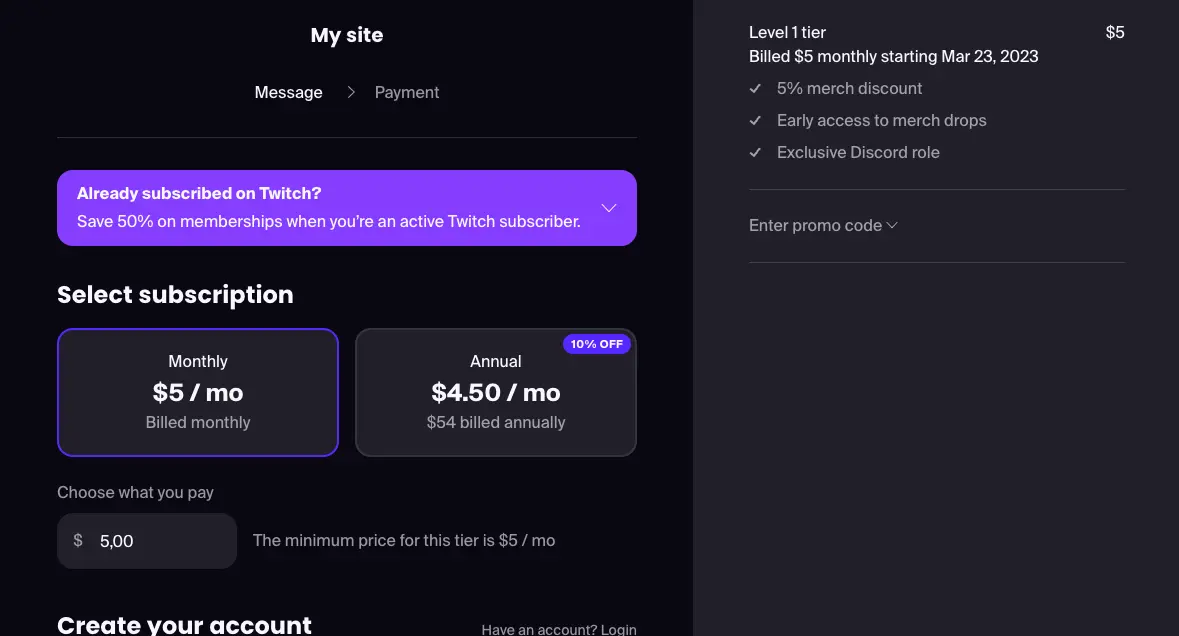 Membership checkout with Twitch subscription discount banner before connecting
