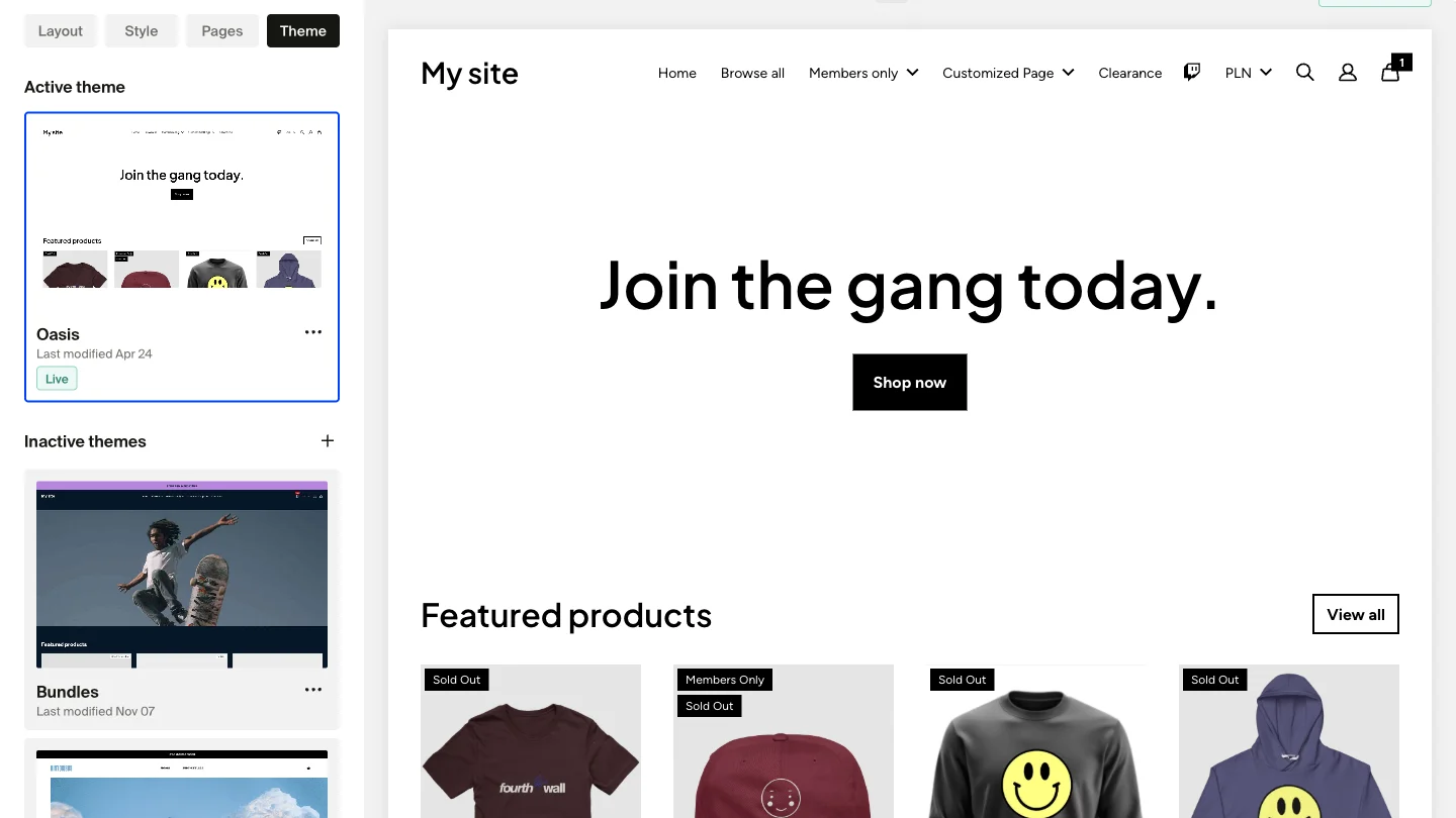 Theme management page with "Oasis" set as the active live theme and "Bundles" listed under Inactive themes, alongside a preview of the storefront.