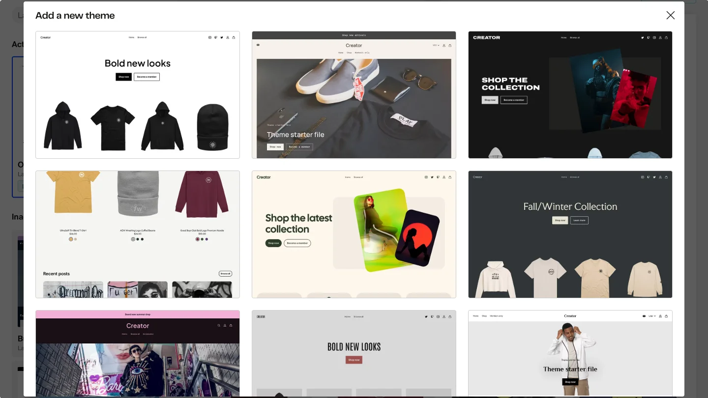 Theme Selector Modal titled "Add a new theme" showing a grid of available theme templates with preview thumbnails