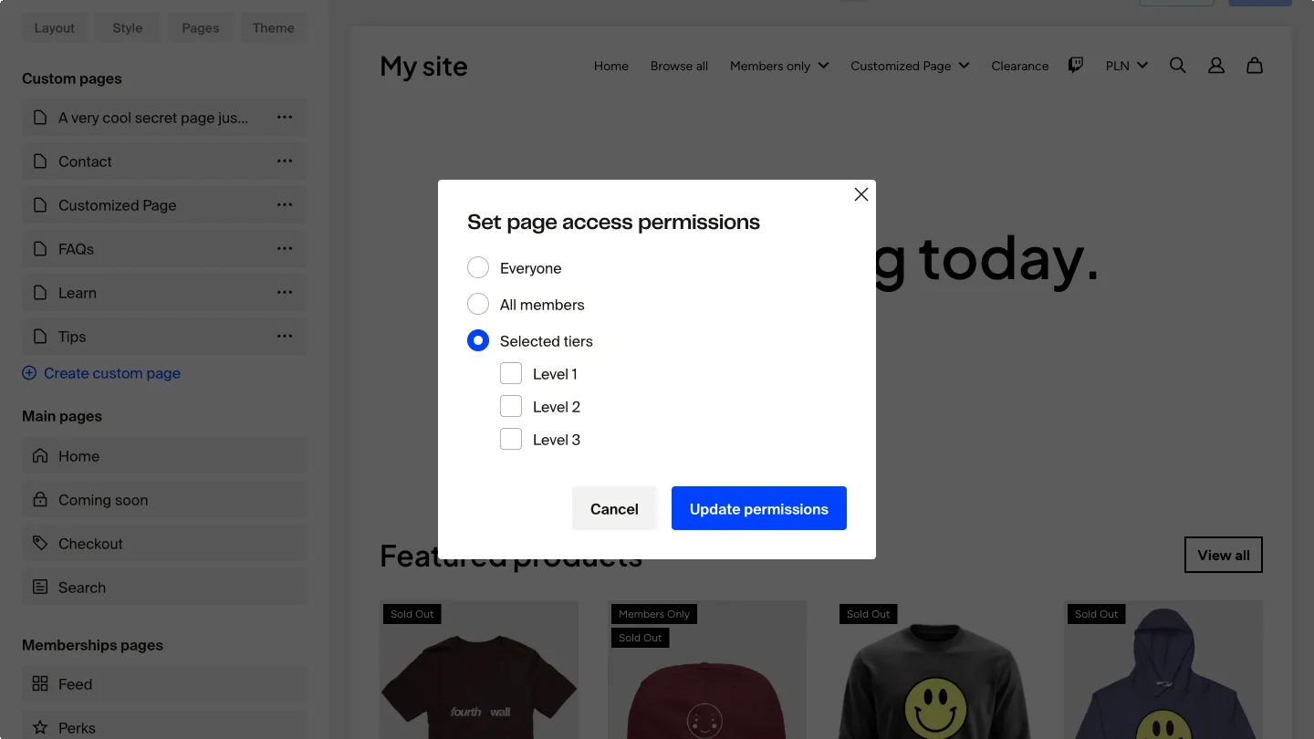 Modal dialog titled "Set page access permissions" with radio options for Everyone, All members, and Selected tiers (selected), showing checkboxes for Level 1, 2, and 3.