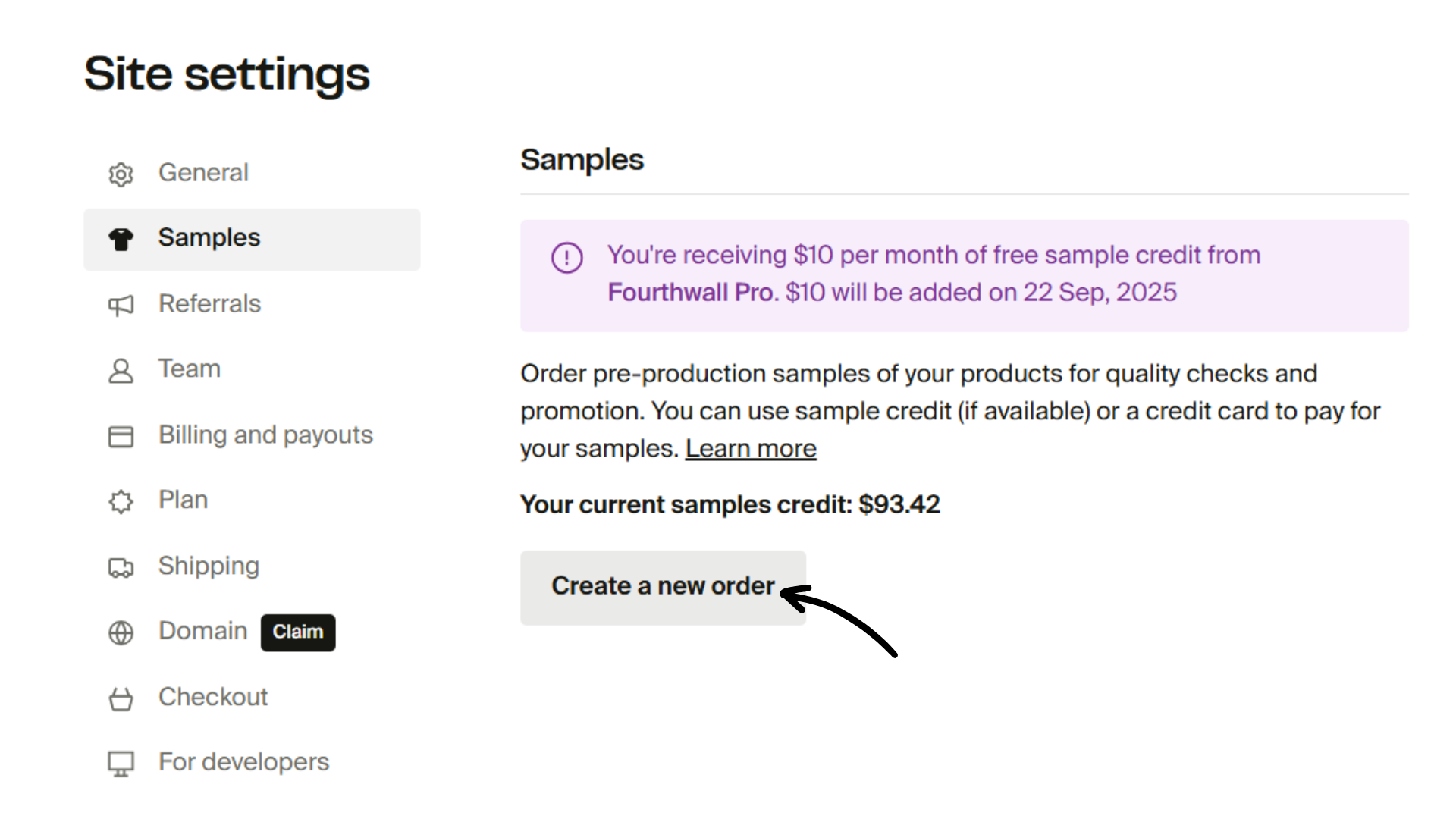 Create a new order from Sample credits.png
