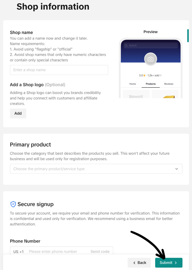 Enter TikTok shop info and Submit.png
