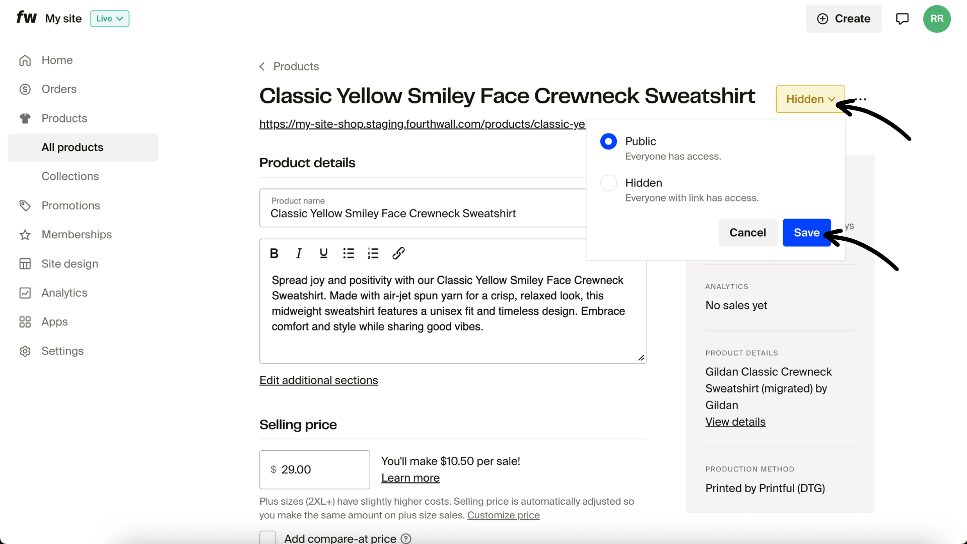 Change product status and save.png