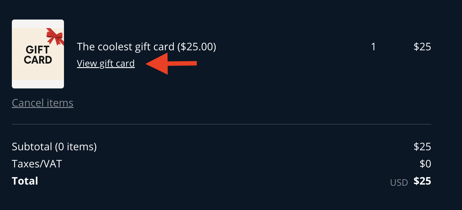 Order Confirmation Page - View Gift Card link