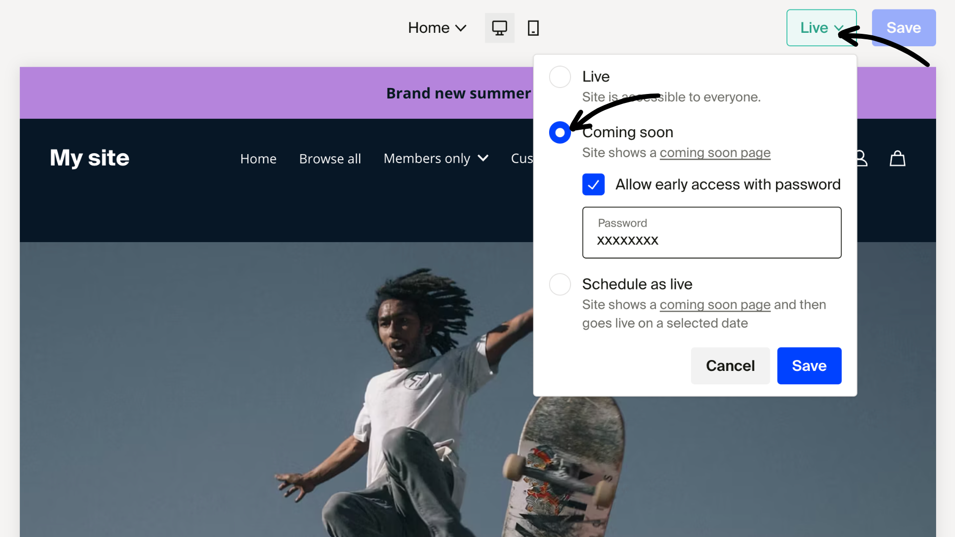 Click site status - choose Coming soon.png